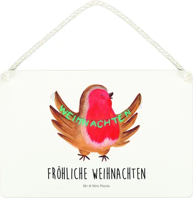 Produktbild von Mr. & Mrs. Panda Schild Rotkehlchen Weihnachten DIN A4 - Weiß - Geschenk, Weihnachtsmotiv, kleine aufmerksamkeit, Frohe, Vogel, Türschild, Winter, Wandbild Holz, Deko