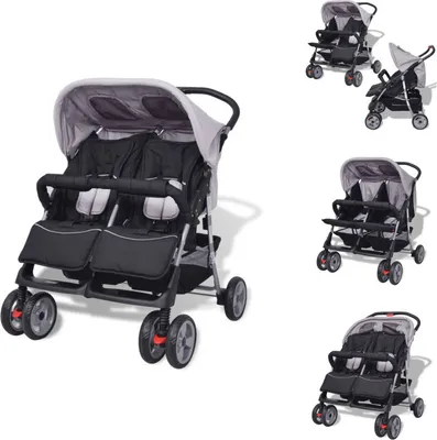Produktbild von vidaXL Zwillingskinderwagen Stahl Grau und Schwarz - Kinderwagen