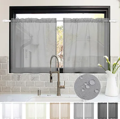 Immagine prodotto di set di 2 tende impermeabili semitrasparenti, tenda corta a doppio bastone con effetto lino per cucina caffè ristorante camera da letto, L85xH61cm grigio