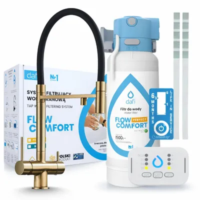 Image de Robinet de cuisine Ari 3 voies, modèle Highflex, en laiton, avec douchette extractible. Livré avec le système de filtration d'eau Dafi D1, à installer sous l'évier