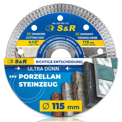 Productafbeelding van S&R Hoge prestaties diamantzaagschijf 115 x 22,2 mm – Zaagschijf voor haakse slijpmachines, extra lange levensduur en precieze sneden in keramiek, tegels, marmer en graniet - robuust en duurzaam