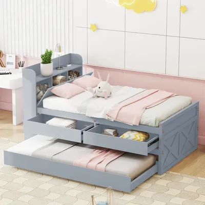 Obrázek produktu pro MODFU Dětská postel Masivní postel 90×190 cm s výsuvným postelí 90×190 cm a šuplíkem, Dětská postel, jednolůžko, hostinská postel s hlavou s úložnými prostory a USB portem (bez matrace), Šedá