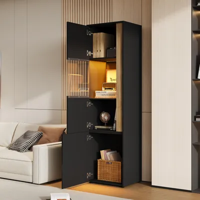 Produktbild von STILVORA Vitrinenschrank mit LED-Beleuchtung und 2 Türen, Hochschrank für Wohnzimmer, Büro und Küche,Aufbewahrungsschrank mit Acryl-Tür