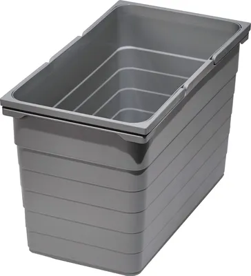 A gray plastic trash can with a ribbed exterior and a stepped interior.