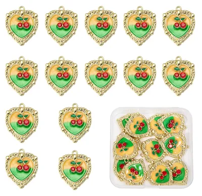 15 Kirsch-Emaille-Anhänger mit Strass, herzförmig, für Schmuckbasteln