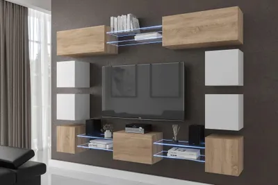 Image de Furnitech Meuble-paroi Salon - Meubles de salon avec LED Blanc - Meuble-paroi Suspendu Moderne - Étagères et meuble TV (Future C80N-21SW-M-50)