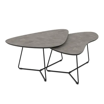 Produktbild von Hela Tische, Couchtisch Pisa, Nierenform - 2er Set - Nachbildung Betonoptik dunkel mit Struktur - Schweizer Kante - Rundrohr Metallgestell Schwarz
