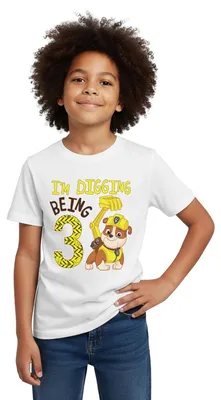 Produktbild von Spreadshirt Paw Patrol Geschenk 3 Jahre Geburtstag Rubble Kinder T-Shirt, 98/104 (3-4 Jahre), Weiß