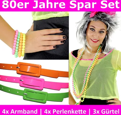 Produktbild von 80er Jahre Neon Spar Set - 11-teilig 3x Gürtel 4x Perlenkette 4x Armband für Damen neonfarbene Kostüm Zubehör 80s