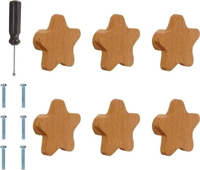 Immagine prodotto di 6 maniglie da cassetto in legno con design a stella - per casa, cucina, camera da letto, armadio
