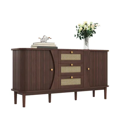 Produktbild von Sideboard, Rattankommode, Kommode(Braun)mit Schiebetüren, verstellbaren Einlegeböden und abgerundeter Platte