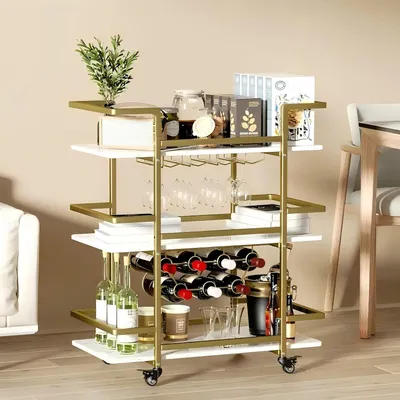 Produktbild von Bar-Servierwagen mit 3 Ebenen - mobiler Aufbewahrungsständer - goldenem Marmormaterial