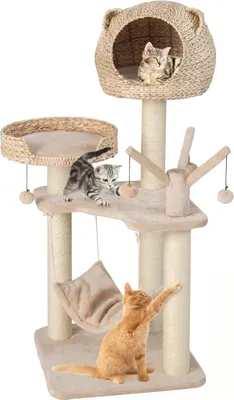 Produktbild von GOPLUS 5-lagiger Kratzbaum, 121 cm hoher Kletterturm mit Höhle, Katzenbett & Hängematte, Vollständig umwickelten Sisalpfosten, Natur