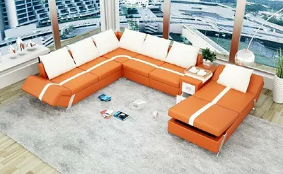 Immagine prodotto di Divano angolare in pelle, grande formato XXL, a forma di "U", ideale per creare un'ampia zona living. Set di divani e poltrone, modello PH2718