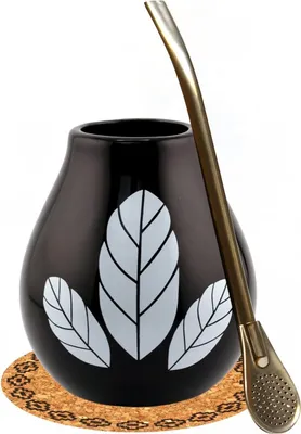 Obrázek produktu pro Sada na čaj Yerba Mate s kalebasou ● Hrnky na čaj Mate HOJA BLACK 350 ml ● Keramický hrnek na čaj Mate ● Nerezová slámka Bombilla 19 cm