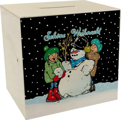 Produktbild von Schneemann Spardose aus Holz mit Spruch: Frohe Weihnacht