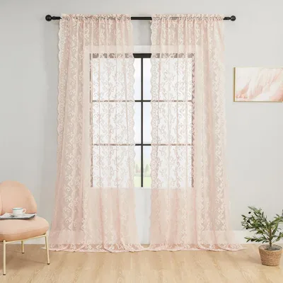 Produktbild von Blush Pink Lace Curtains 96 Inches Long 2 Panels Vintage Paisley Floral Sheer Cu