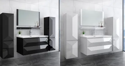 A split image showing two identical bathroom vanity sets, one in black and one in white, displayed in a modern bathroom setting.