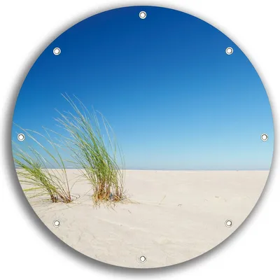 Produktbild von Wallario rundes Outdoor-Poster für Garten oder Balkon, Motiv Sandstrand unter blauem Himmel, 30 cm Durchmesser