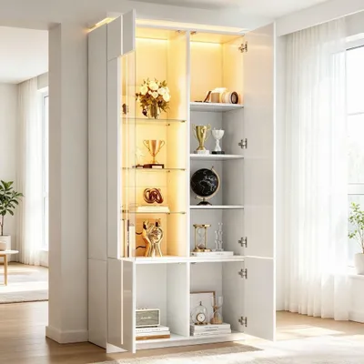 Produktbild von MODFU Vitrinenschrank Weiß hochglanz,Hochschrank 80 x 35 x 180 cm,Aufbewahrungsschrank mit Acryltür und 4 Flügeltüren,Glasvitrine mit LED