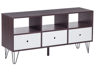 Produktbild von BELIANI TV Möbel Dunkler Holzfarbton Weiß MDF Platte Faserplatte Pulverbeschichtetes Metall 60 x 120 x 35 cm Modern Retro 3 Schubladen Wohnzimmer