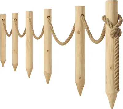 Produktbild von TIMBERMIK Holzzaun Set – 6 Holzpfosten Ø8x120 cm + 12 m Juteseil, Gartenzaun, natur, unbehandelt, Staketenzaun