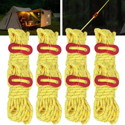 Productafbeelding van 8x Spanlijnen, elk 4 meter lang, reflecterend, geel, voor kamperen. Spanlijnen, kampeerspullen, tenttouw, touw, spanbanden, tentlijn, stormband voor tenten, kamperen