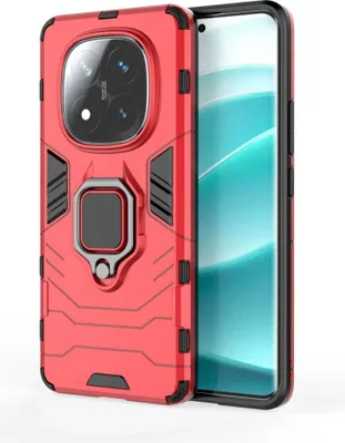 A red phone case with a ring holder is shown against a white background.