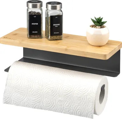 Produktbild von eluno Küchenrollenhalter mit Bambusablage zur Wandmontage - für Küchenrollen, Toilettenpapierrollen, aus Metall grau