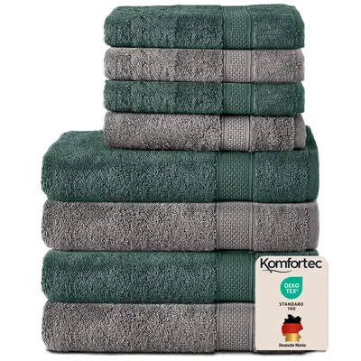 Produktbild von Komfortec 8er Handtuch Set aus 100% Baumwolle, 4 Badetücher 70x140 und 4 Handtücher 50x100 cm, Anthrazit/Dunkelgrün