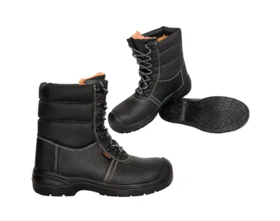 Two black winter work boots are shown against a white background. One boot is in the foreground, and the other is in the background, slightly to the right.