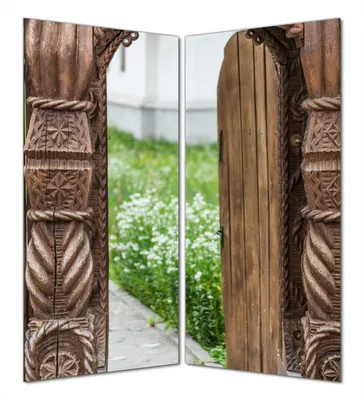 Produktbild von Wallario selbstklebende Duschrückwand 180 x 200 cm mit Motiv Offene alte Pforte mit Schnitzereien aus Holz - Wandverkleidung mit Hochglanzlaminat in Glasoptik