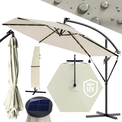 Image de KINGSLEEVE® Parasol déporté inclinable crème Ø 300cm Pare-soleil en aluminium avec éclairage LED Protection UV80+ jardin