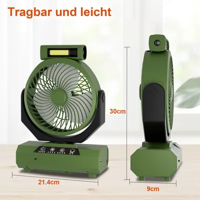 Produktbild von Aopunly Tischventilator,Camping Ventilator, wiederaufladbar, 20000mAh Akku, 4 Geschwindigkeiten, mit Fernbedienung, LED Licht und Haken,für Outdoor, Zelt,Grün