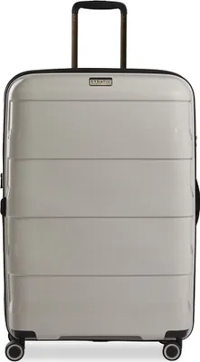 A front view of a gray suitcase on a white background.