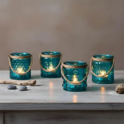 Produktbild von 4er Set Teelichthalter Glas Türkis H10cm Windlicht Tischdeko Kerzenhalter Retro Kerzen Maritime Deko Kerzendeko Flachs