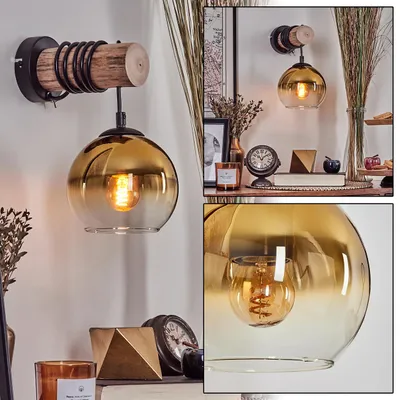 Produktbild von Cesaro Wandlampe aus Metall/Holz/Glas in Schwarz/Natur/Gold