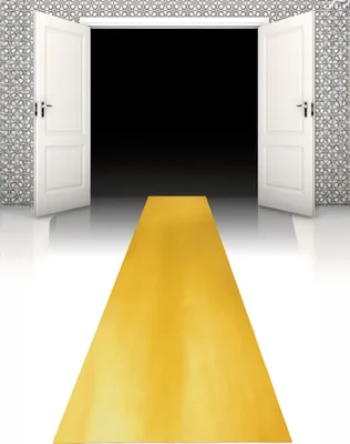 A golden carpet leads to an open doorway with a black void beyond.