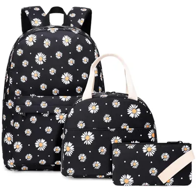 Immagine prodotto di Set di zaini per la scuola, 3 pezzi, per ragazze adolescenti, motivo: margherite, colore: nero