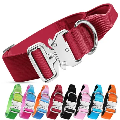 Image de Collier tactique pour chien avec poignée, large, rembourré, réglable, rouge, taille L