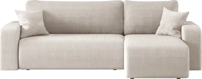 A beige corduroy sectional sofa with two throw pillows, shown against a white background.