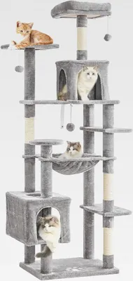 Produktbild von Kratzbaum groß, L Katzenbaum Stabil, Katzenkratzbaum mit 2 Plattformen, 2 Katzenhöhlen, Hängematte, Sisalsäulen, mehrstöckiger Kletterbaum für Katzen (Hellgrau, 173 cm)