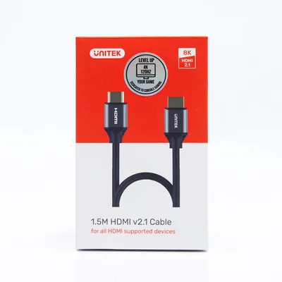 Zdjęcie produktu dla Kabel UNITEK HDMI 2.1 1.5m 8K & 4K Ultra HD, 48Gbps 8K@60Hz 4K@120Hz Kompatybilny z konsolami PS5 Xbox Series X S, OLED TV, DTS: X, HDCP 2.2 & 2.3, Dynamic HDR 10 4:4:4, eARC, Dolby