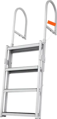 A silver aluminum alloy retractable dock ladder with four steps and orange safety grips.