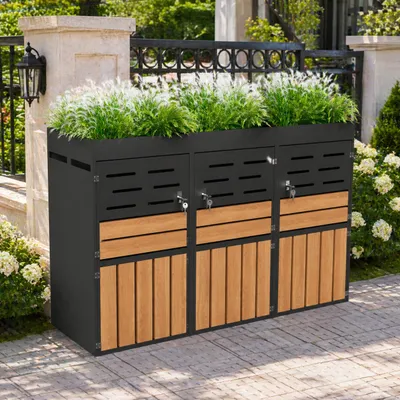 Productafbeelding van Afvalcontainerbox - 199 x 80 x 128 cm, grijs, verzinkt staal, geschikt voor 3 afvalcontainers, met plantenbak, afsluitbaar, geventileerd, AI-gegenereerde afbeelding