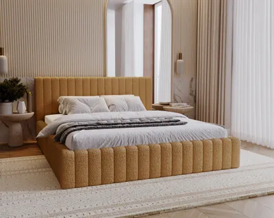Produktbild von Polsterbett 140x200 cm Billo - Doppelbett mit Metall-Lattenrost, Bettkasten - Bett Bouclé, Orange