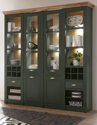Produktbild von Buffetschrank "Norwich" grün Eiche Landhaus Vitrinenschrank mit Weinregal 194 x 207 cm