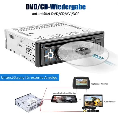 Zdjęcie produktu dla Radio samochodowe 1 DIN z odtwarzaczem CD, DVD, MP3, portem USB, Bluetooth, tunerem FM, wejściem AUX, zestawem głośnomówiącym, pilotem, 4-calowym wyświetlaczem LCD, mocą 60W, 4-kanałowym wyjściem i czytnikiem kart SD