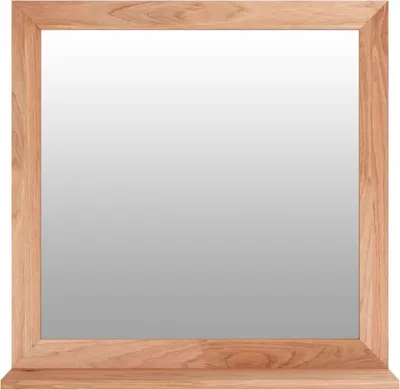 A square mirror with a wooden frame and a small shelf below.