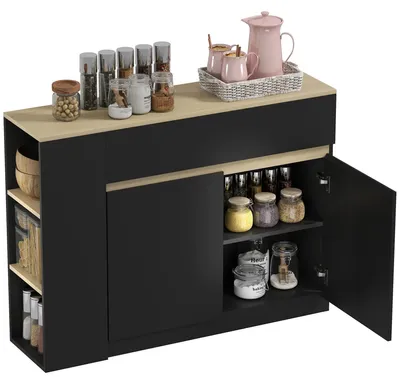 Image de Buffet de cuisine / Meuble de rangement - Commode pour salon - 2 tiroirs - 3 étagères ouvertes - 110 x 29,5 x 82 cm - Structure en bois - Noir